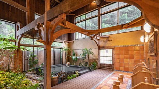 Ein Wellnessbereich mit Holzarchitektur, einer Whirlwanne und verschiedenen Pflanzen.