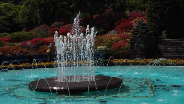 A fountain with water jets in a pool, surrounded by lush greenery and colorful flowers. - Fukushimakan (Hakone)