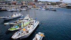 A marina with various boats docked, surrounded by buildings. - Fukushimakan (Hakone)
