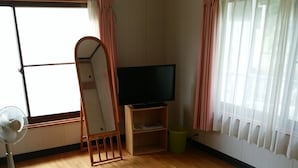 Une pièce avec un plancher en bois, un grand miroir, un téléviseur à écran plat posé sur un meuble en bois, un ventilateur et des rideaux légers aux fenêtres.
