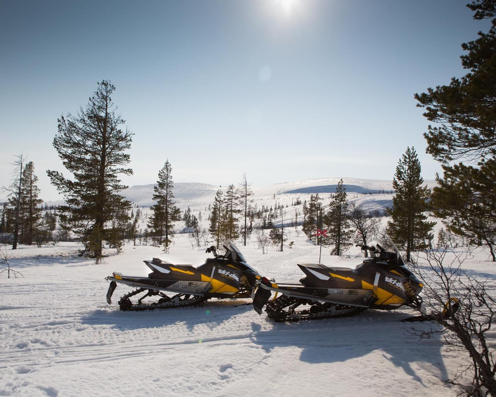 Dos motos de nieve estacionadas en un campo nevado con árboles y un cielo despejado al fondo.