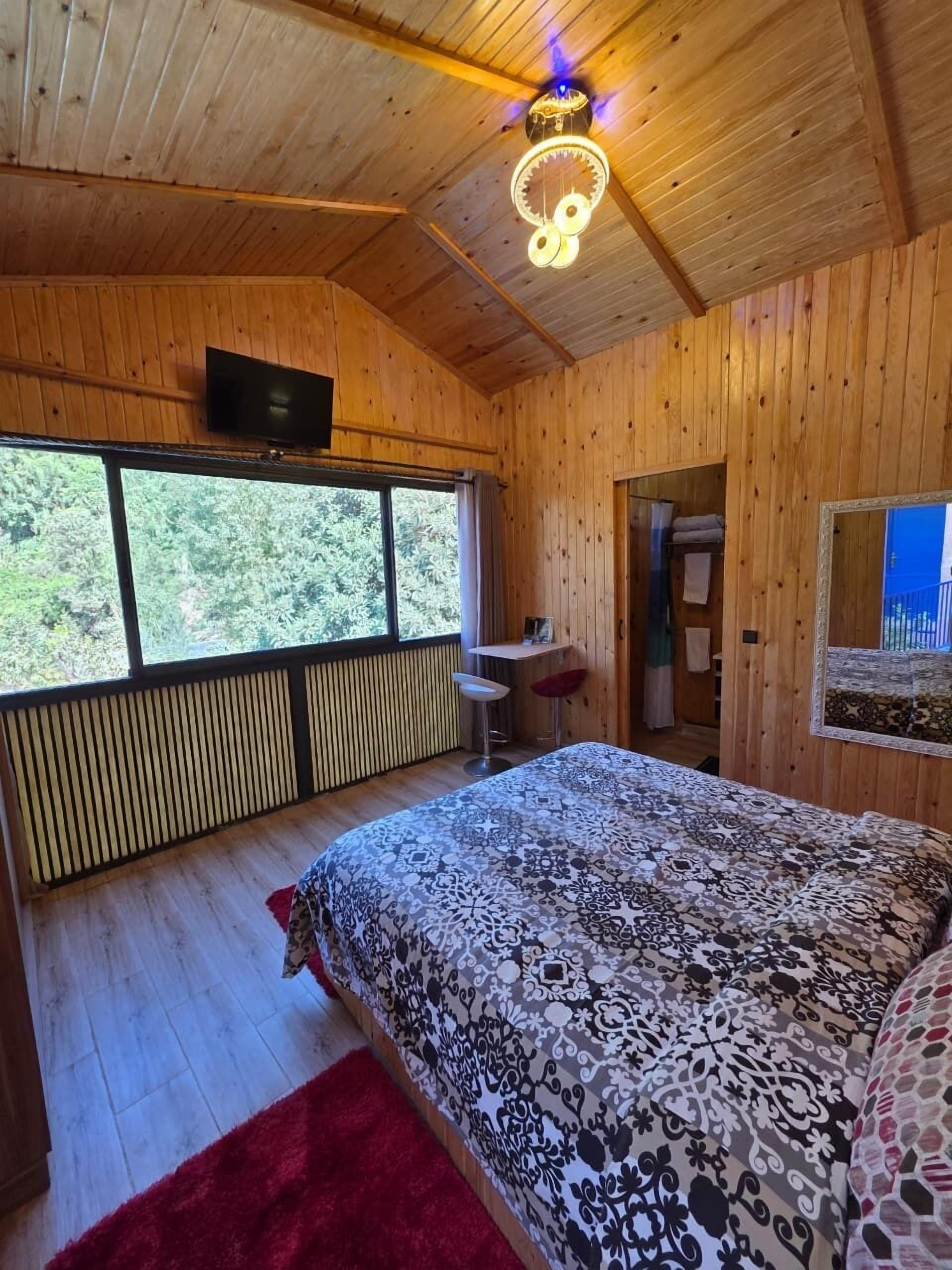 A wooden room with a bed, a TV, a window, and a mirror.