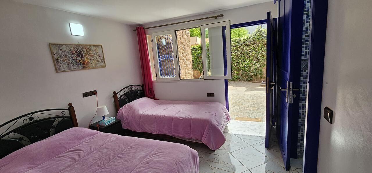 Un dormitorio con dos camas, una ventana con vista a follaje y una puerta que da al exterior.