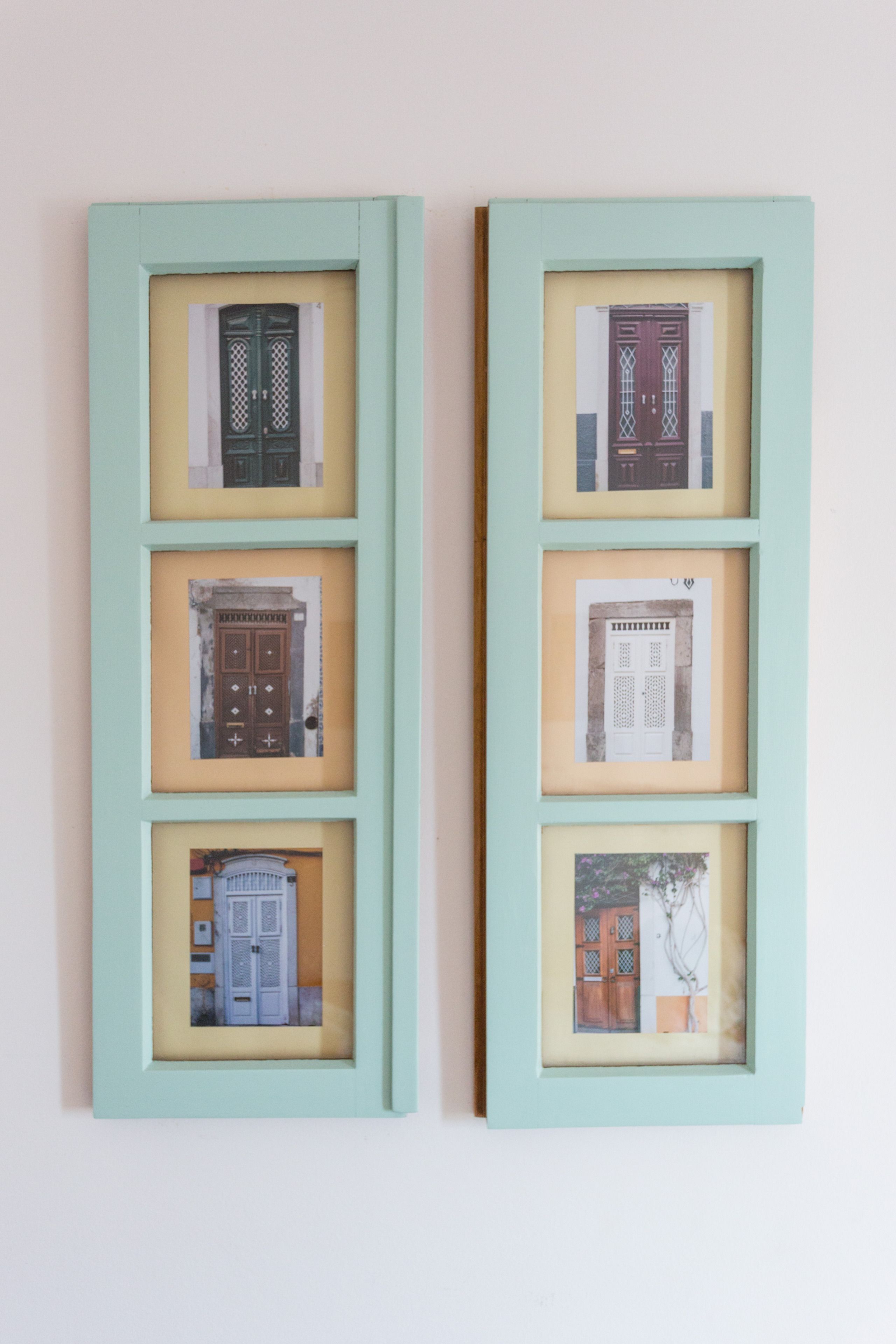 Two framed pictures of doors, each with a different architectural style.