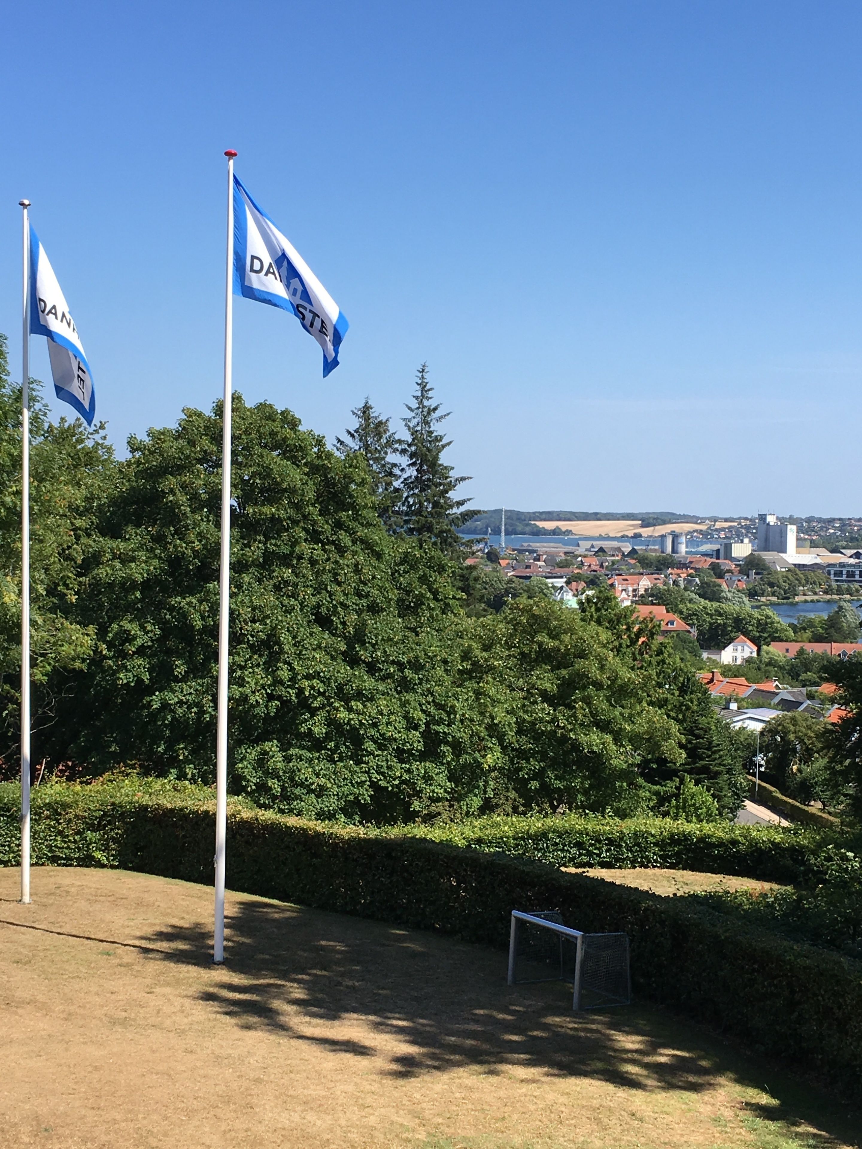 A view of a town with two flags on flagpoles, surrounded by greenery and buildings in the background.