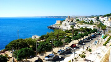 A coastal town with a prominent historical building, a clear view of the sea, and a street lined with parked cars and trees.