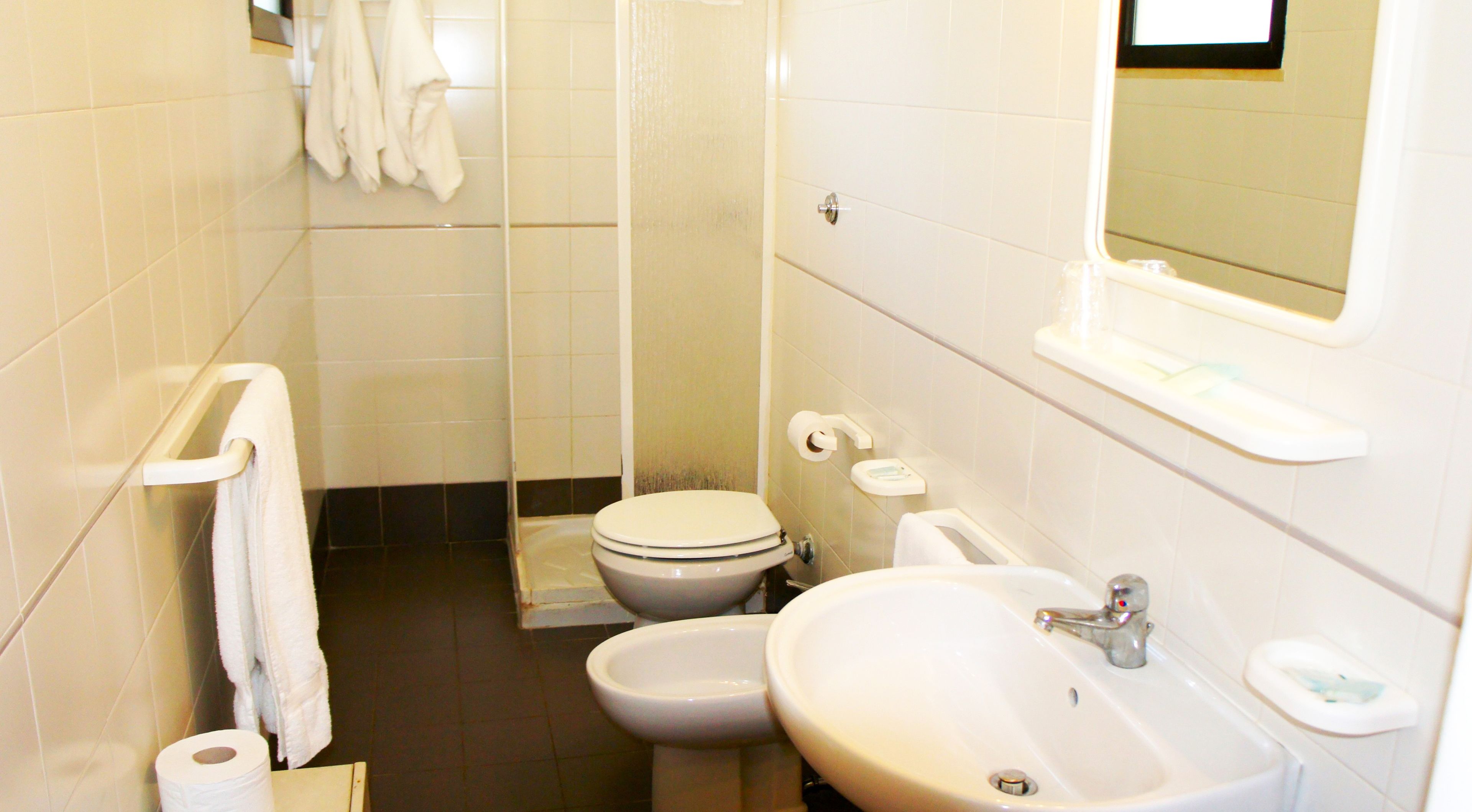 A small bathroom with a toilet, bidet, sink, and a towel rack.
