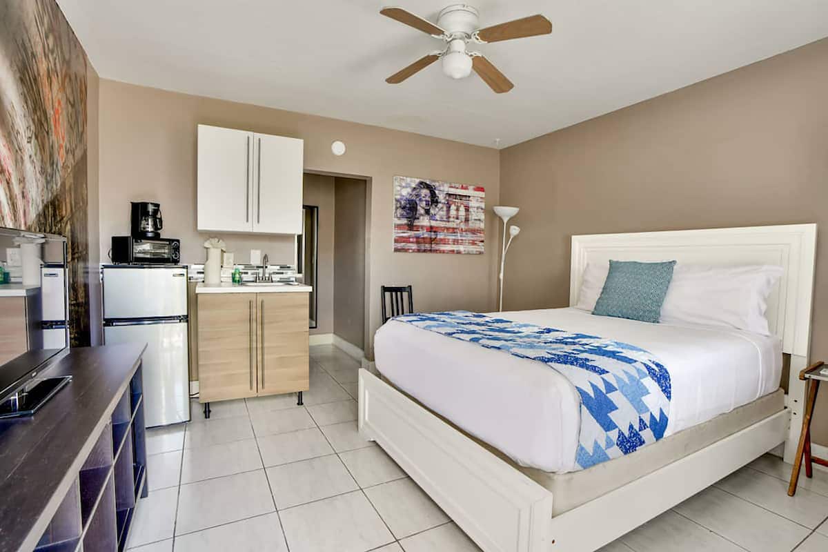 Una camera da letto con un letto, una ventola a soffitto, angolo cottura e un quadro appeso al muro.