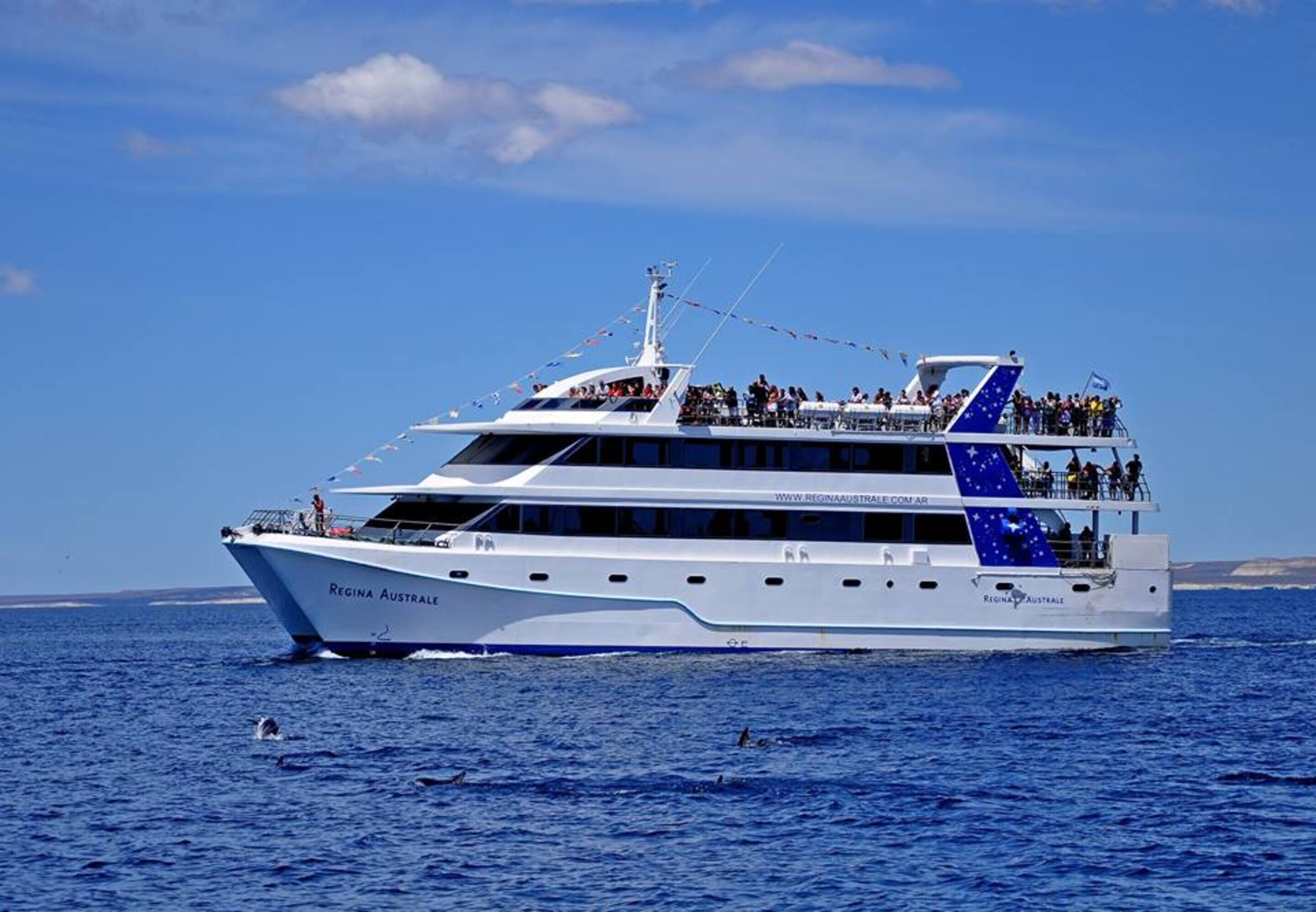 A large white yacht named 'Regina Australe' with multiple decks, passengers on the upper deck, and a clear blue sky in the background.