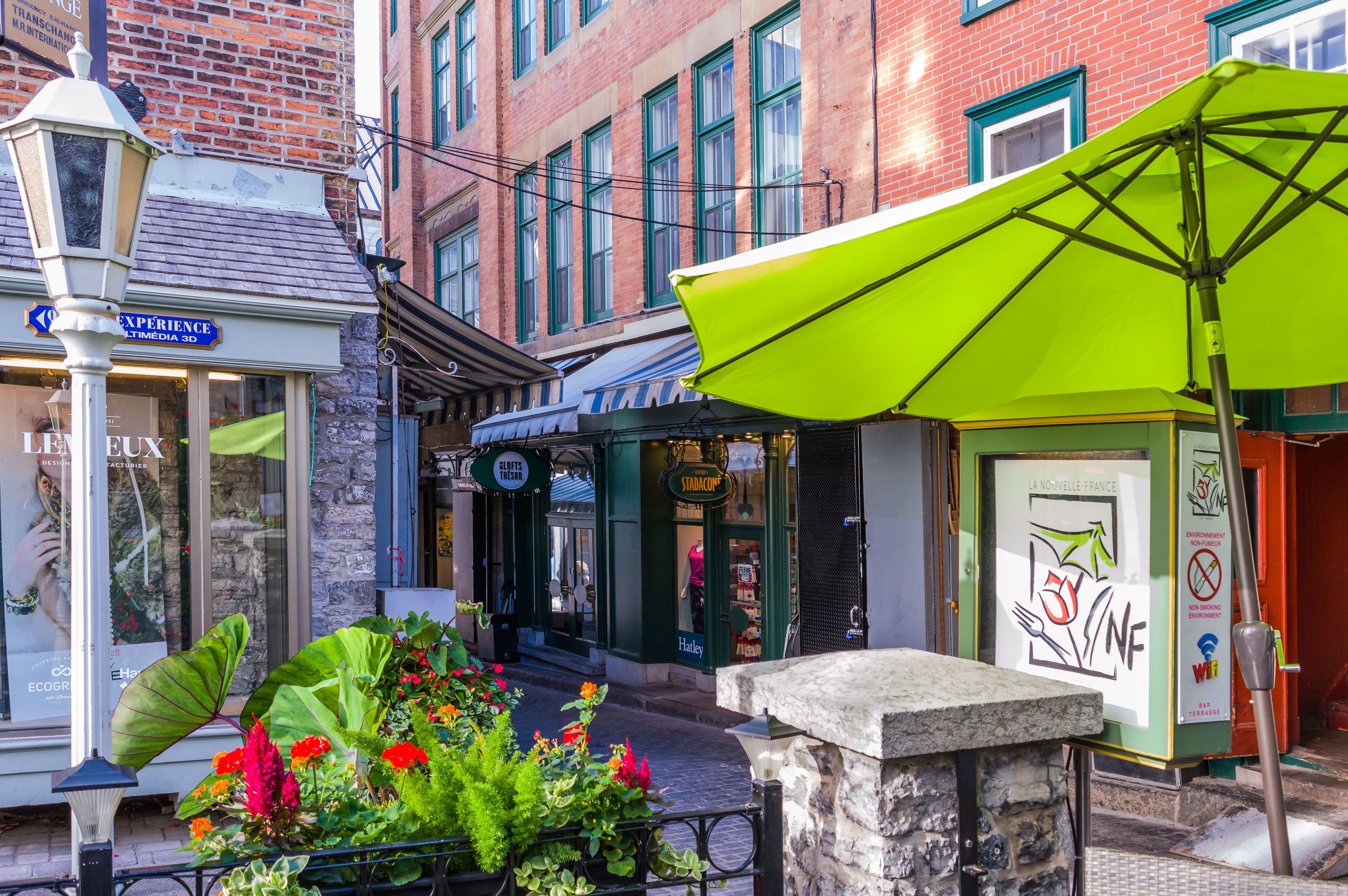 A street with a green umbrella, a flower bed, and a building with a sign that says "Experience".