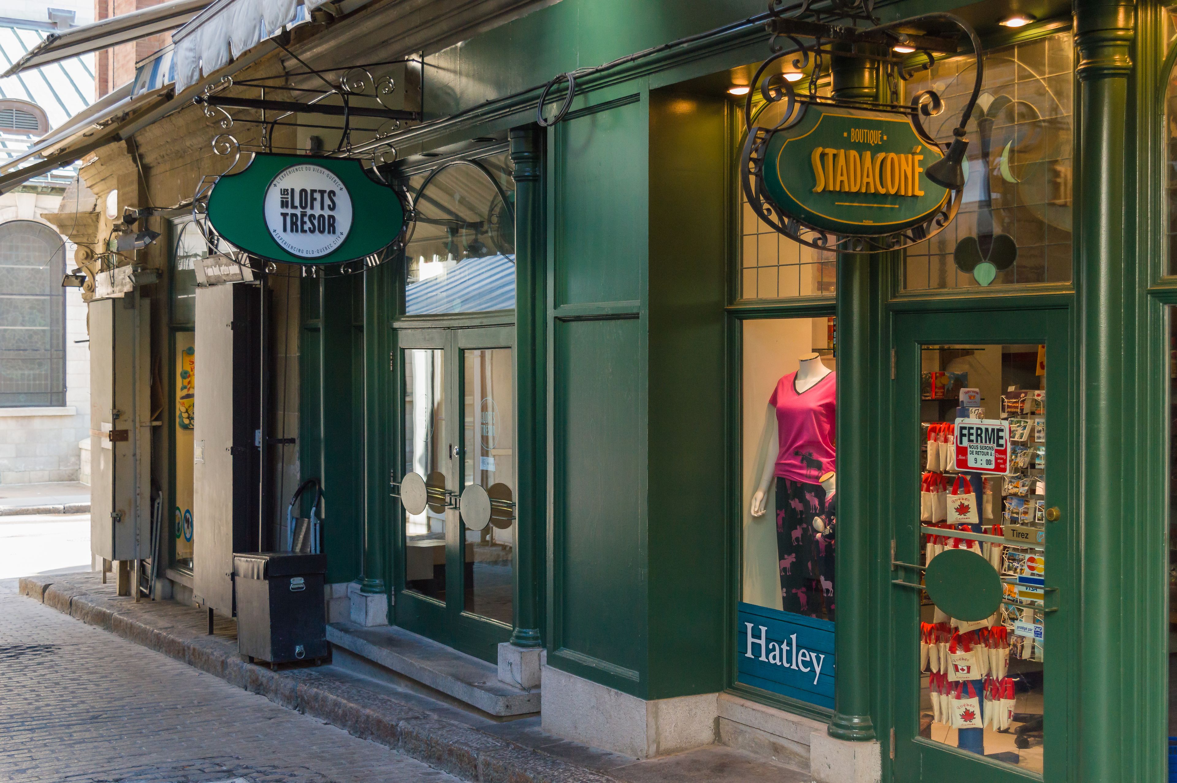 A storefront with a mannequin in a pink dress, a sign for 'STADACONE', and a 'HALEY' sign below the window.