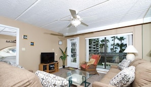 Condo, 2 Bedrooms, Patio | Living area | 40-inch flat-screen TV with cable channels, TV, DVD player