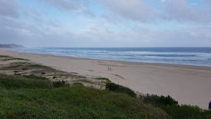 Een strand met een breed zandstrand, groene duinen en de oceaan op de achtergrond.