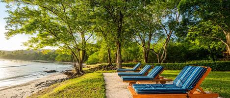 A beachside lounge area with sun loungers and a path leading to the water.