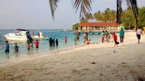 Una playa con gente, un bote y una estructura cubierta.