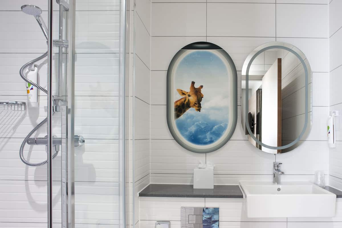 shower, eco-friendly toiletries, hair dryer, towels