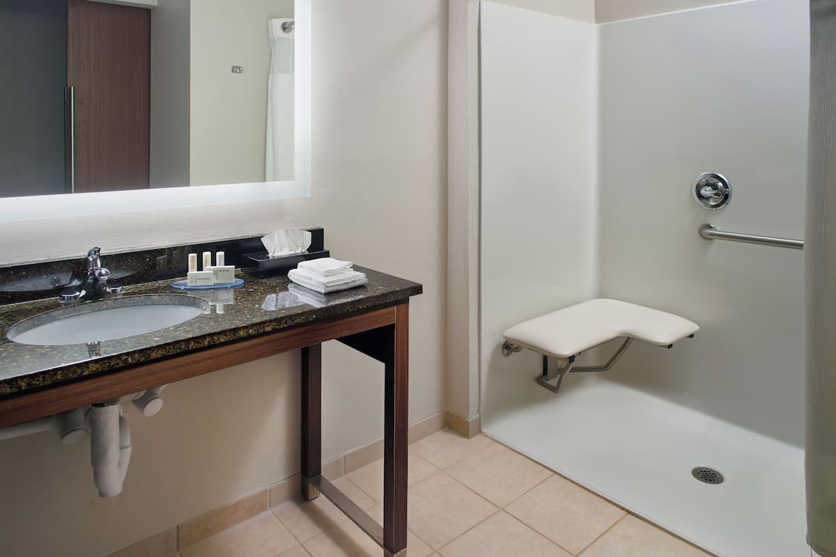 room, 1 king bed (mobility/hearing access, roll-in shwr) | bathroom | shower, hair dryer, towels