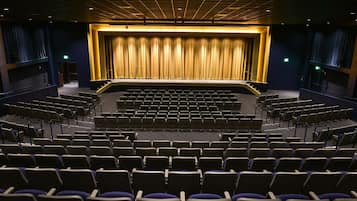 Une salle de spectacle avec des rangées de sièges, une scène avec des rideaux et un escalier menant à la scène.