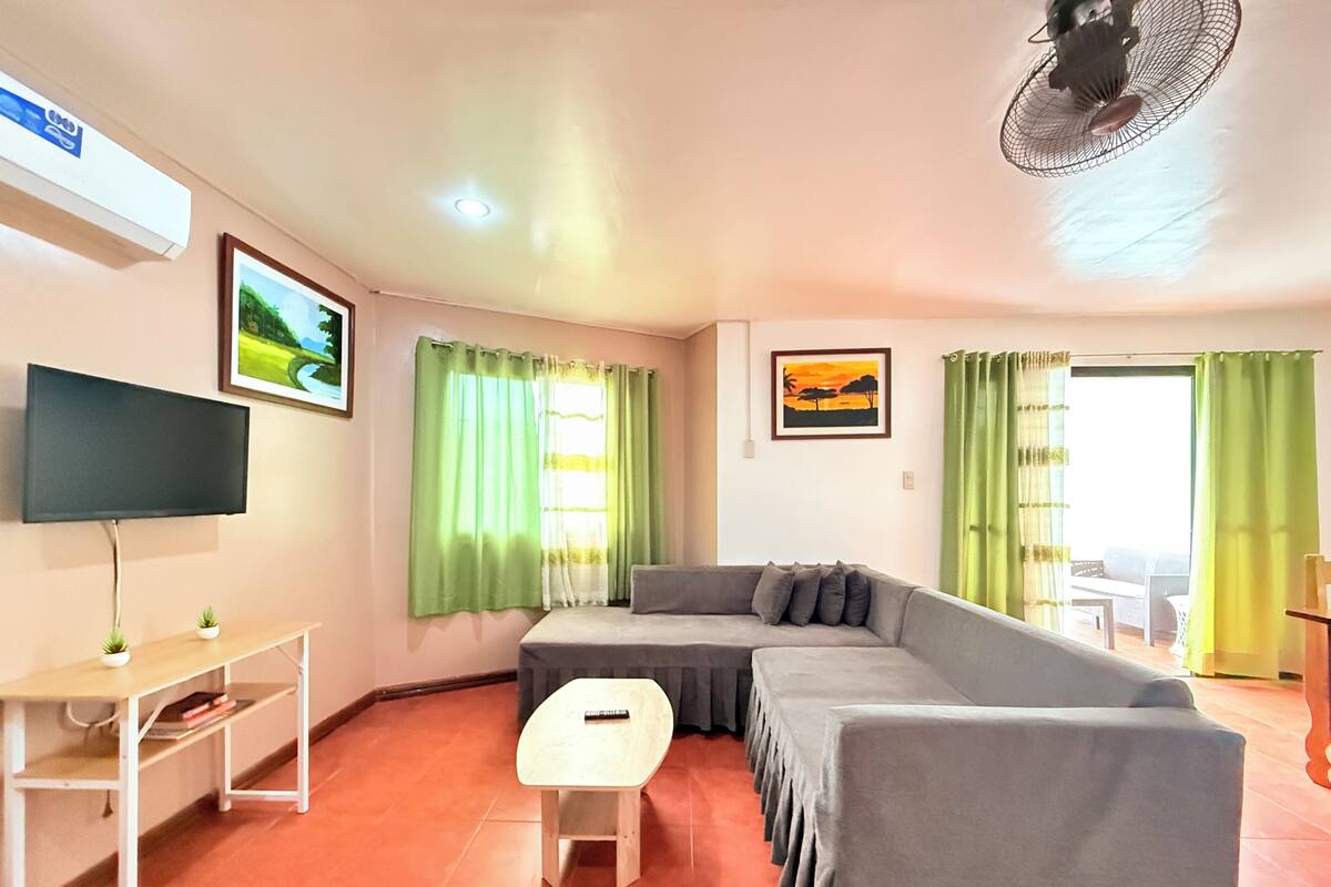 Un salon avec un canapé, un téléviseur, une petite table et un ventilateur de plafond.
