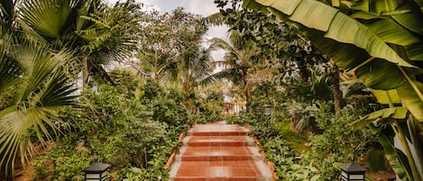 A pathway flanked by lush greenery and a red-tiled staircase leading to a building.