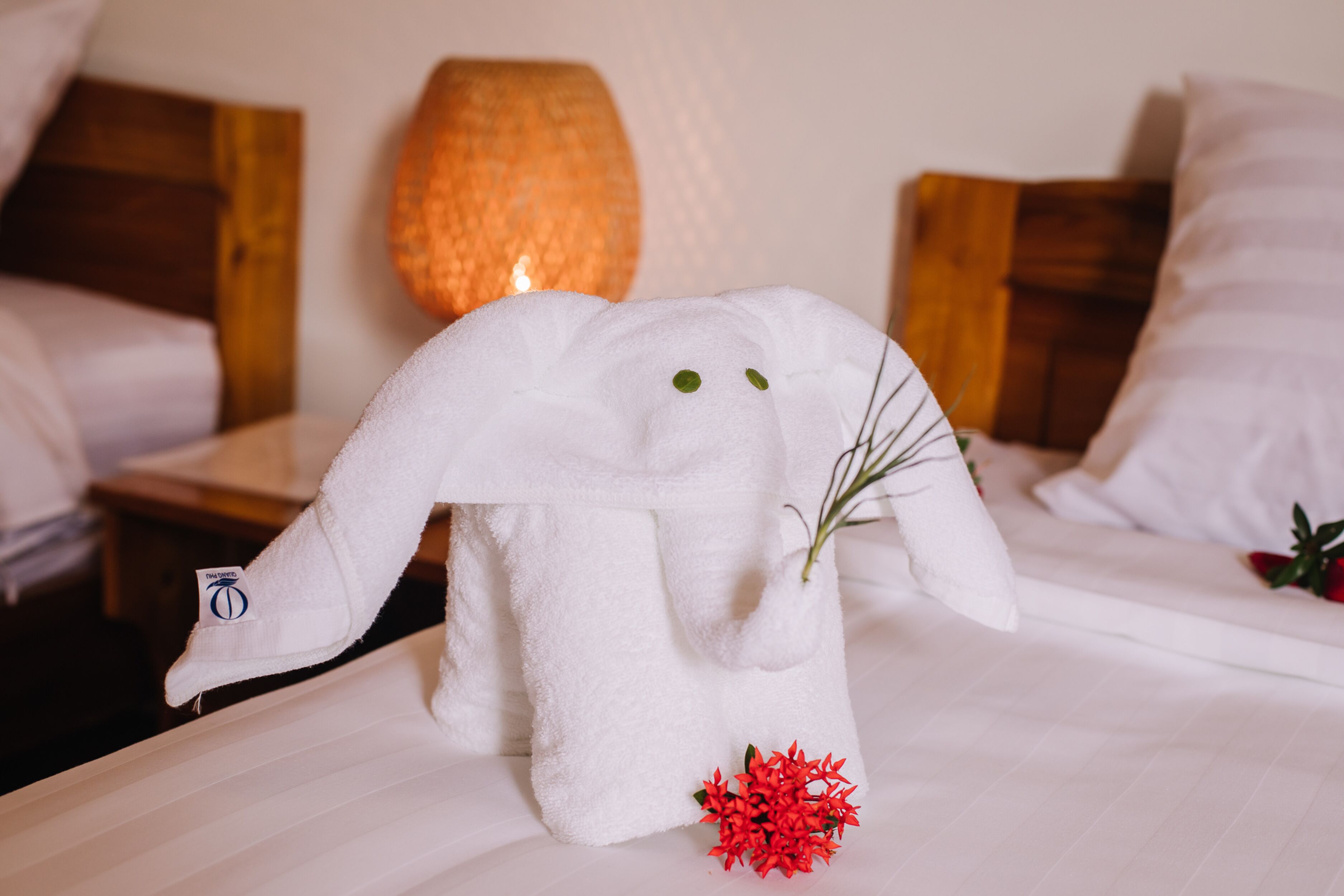 Una cama bien hecha con una toalla con forma de elefante, una flor roja y una lámpara al fondo.
