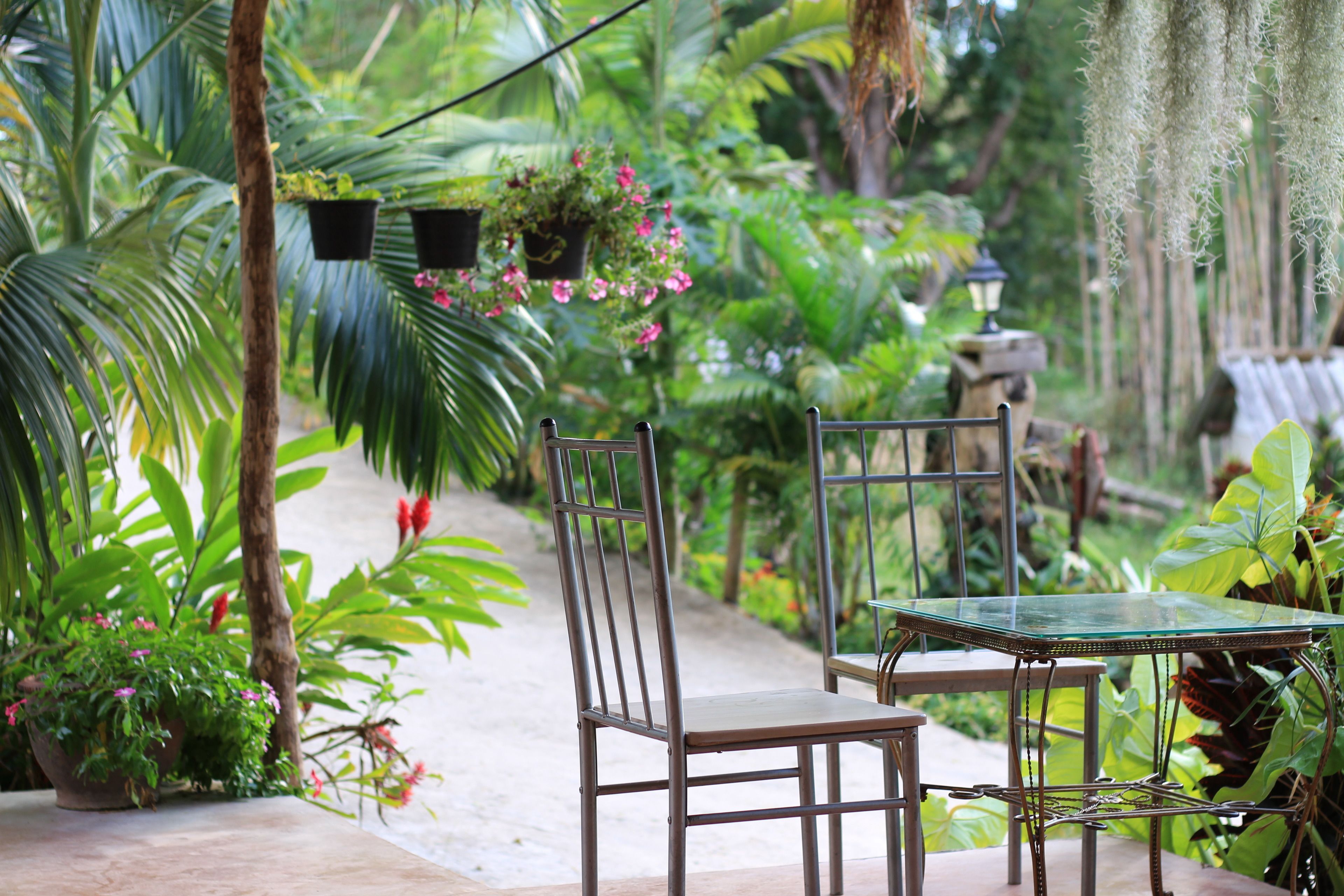 A glass table and metal chairs in a lush garden with hanging planters and a lantern.
