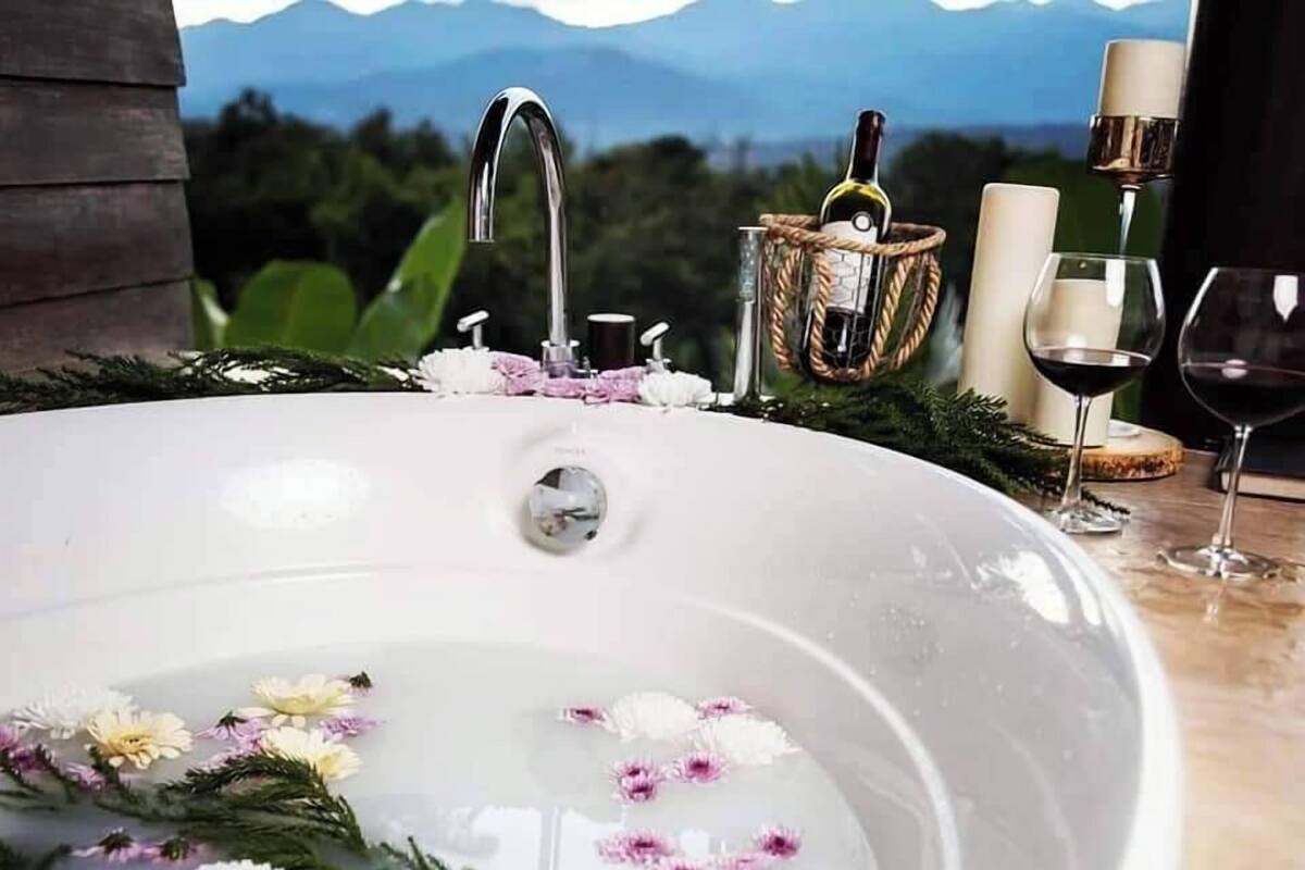 A white bathtub filled with flowers, a bottle of wine, and glasses on a table with a mountain view in the background.