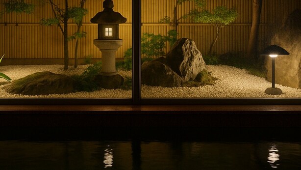 A traditional Japanese garden with a stone lantern, rocks, and a wooden fence at night. - Hotel Monarque Tottori (Tottori)