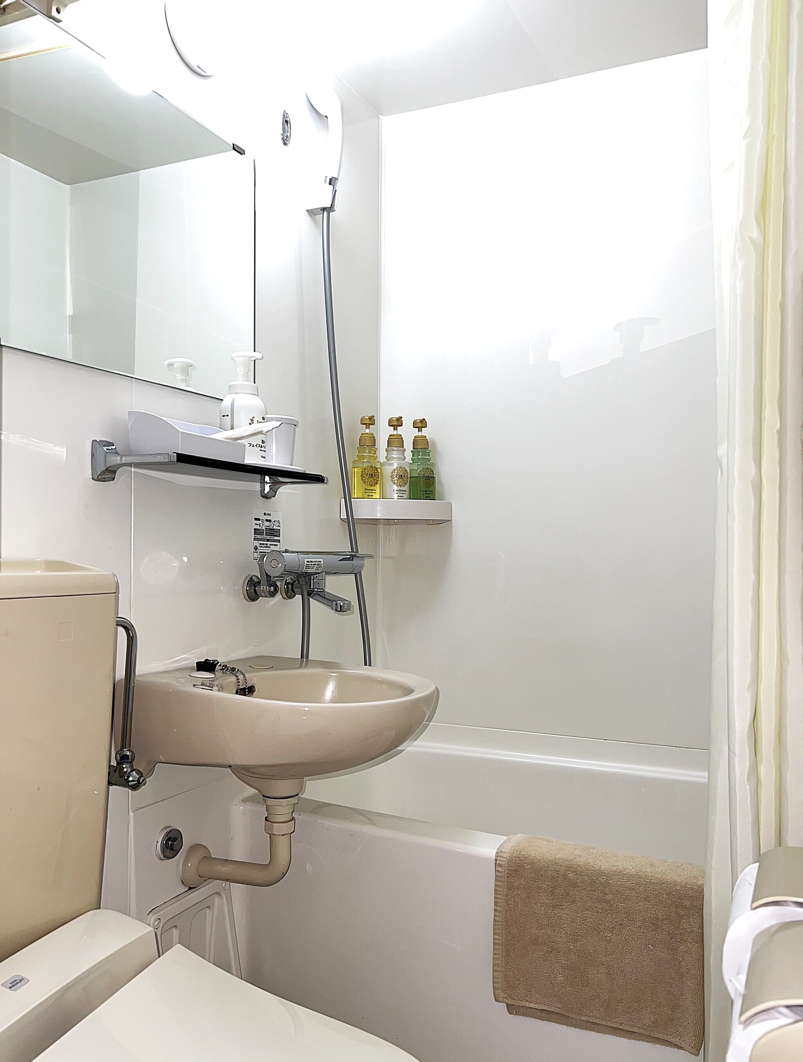 combined shower/bathtub, hair dryer, slippers, electronic bidet