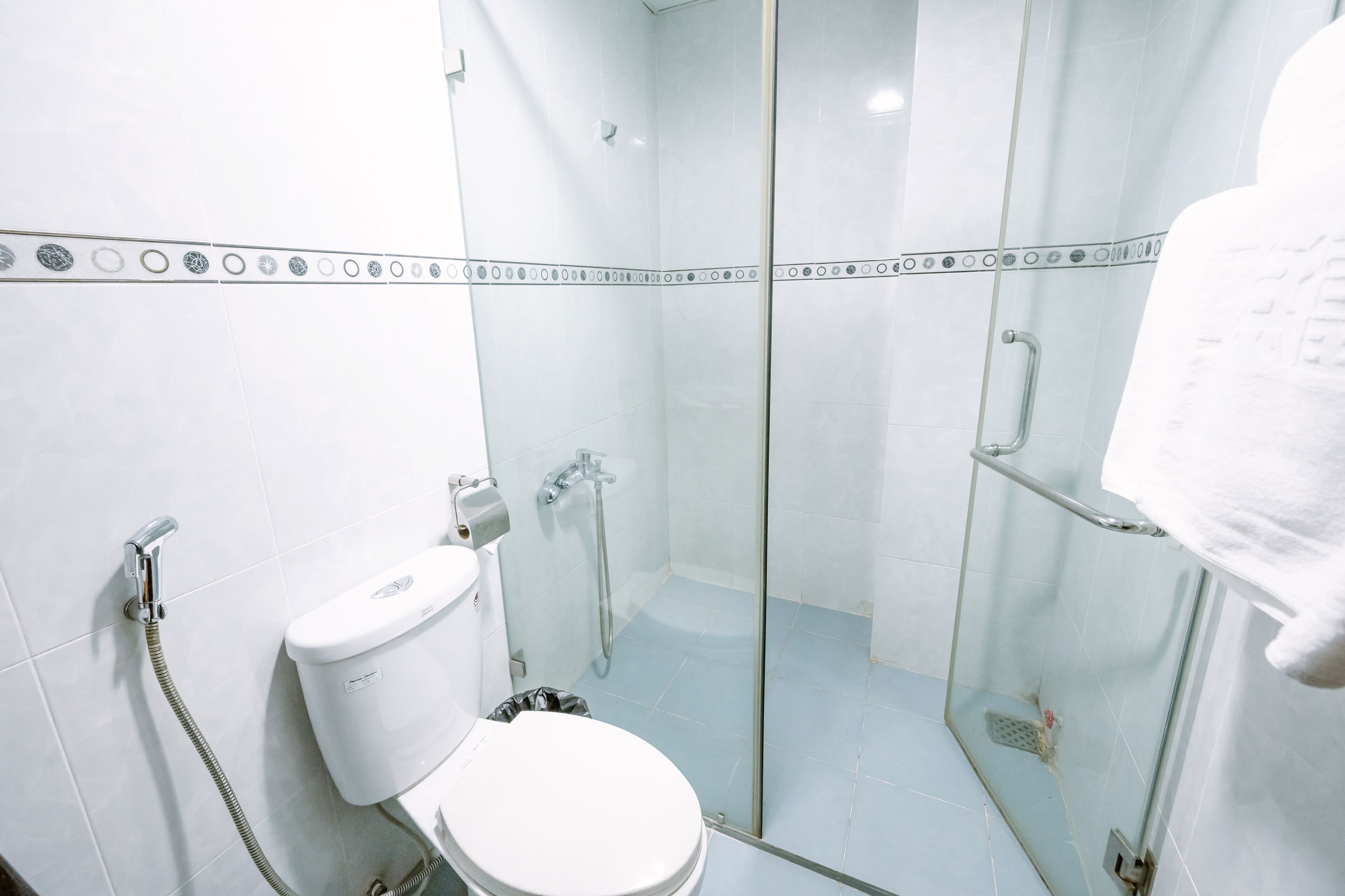 A bathroom with a glass-enclosed shower, a toilet, and a towel rack.