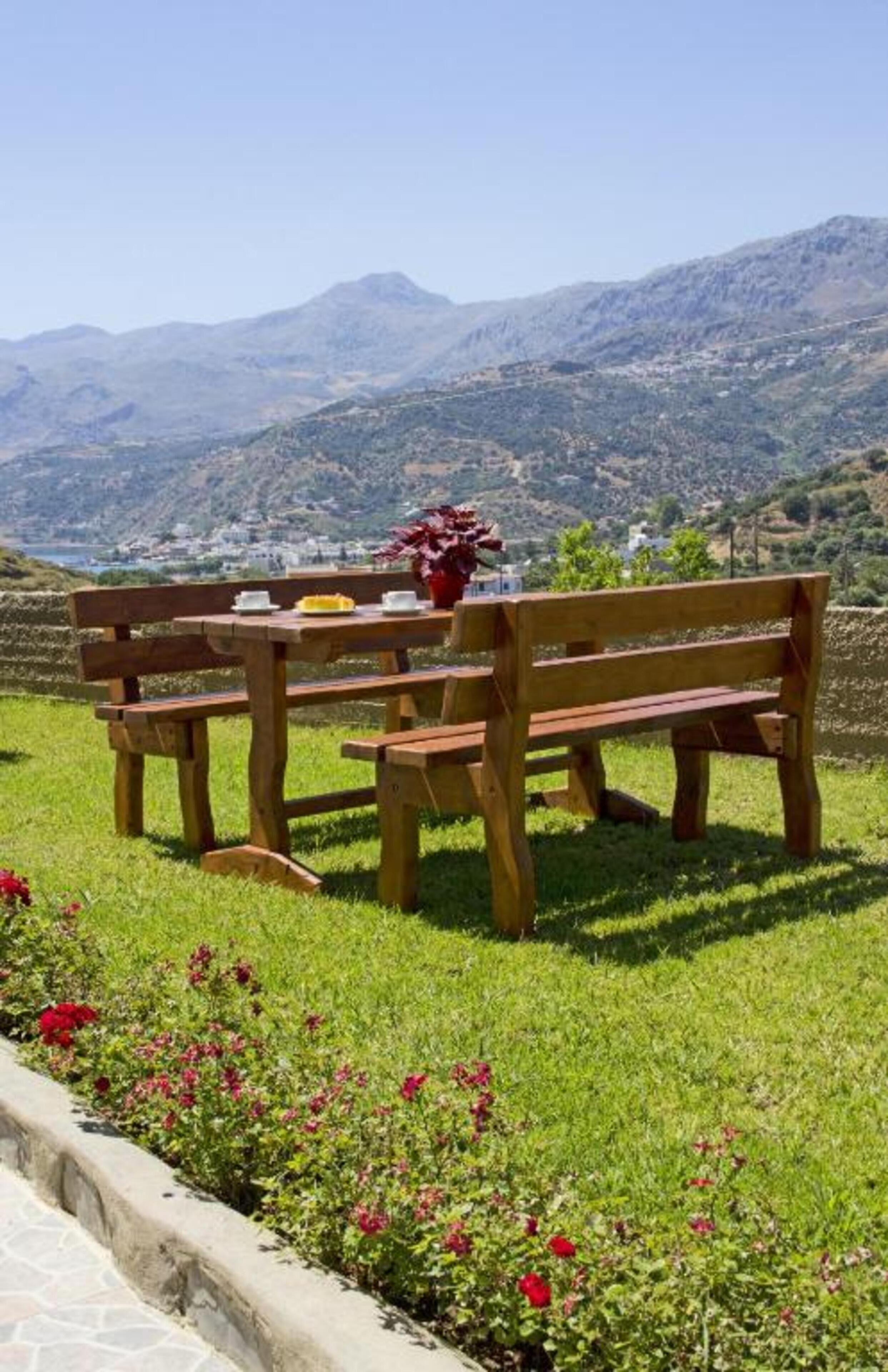 Un banco y una mesa de madera en un césped con montañas al fondo.