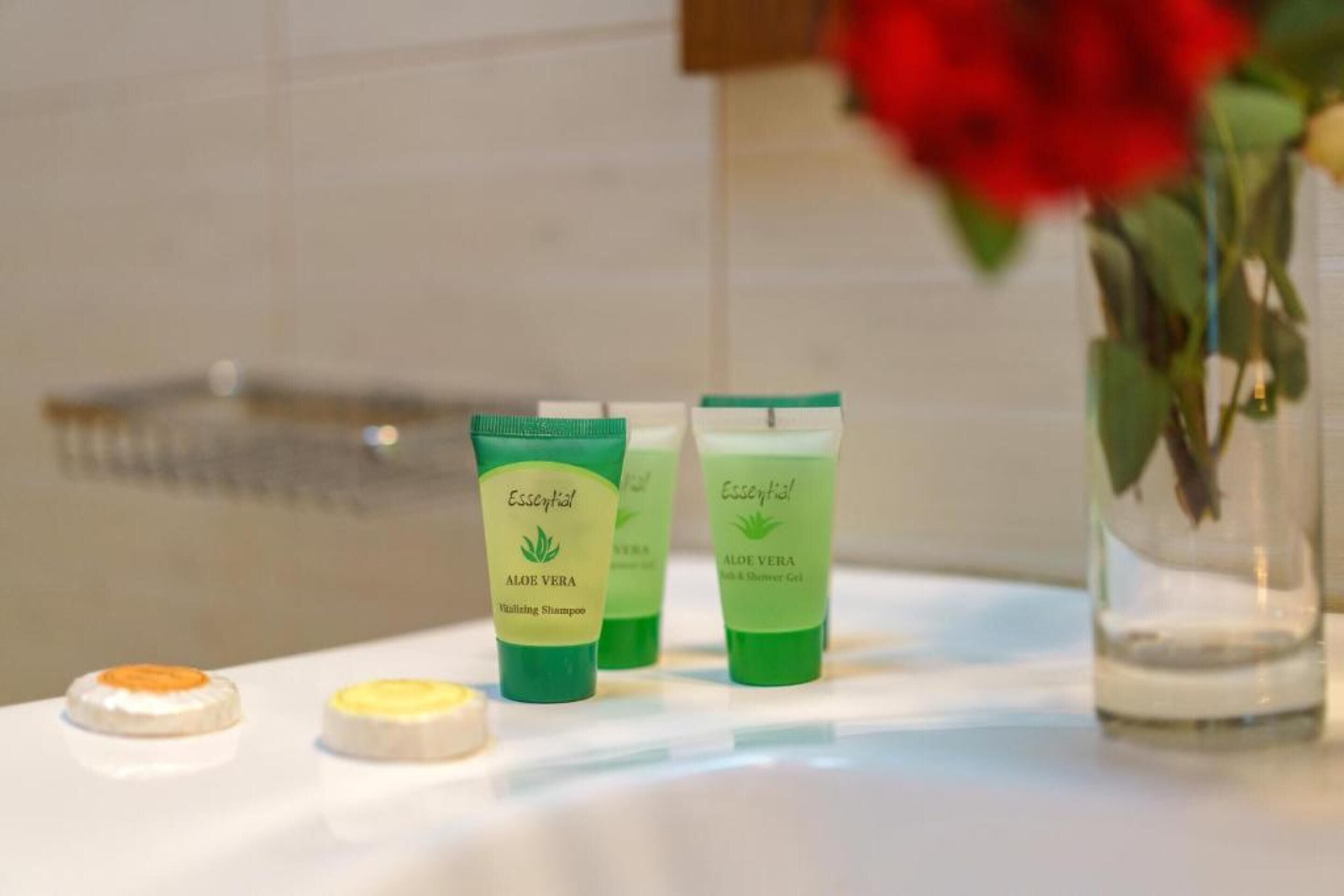 free toiletries, hair dryer, slippers, towels