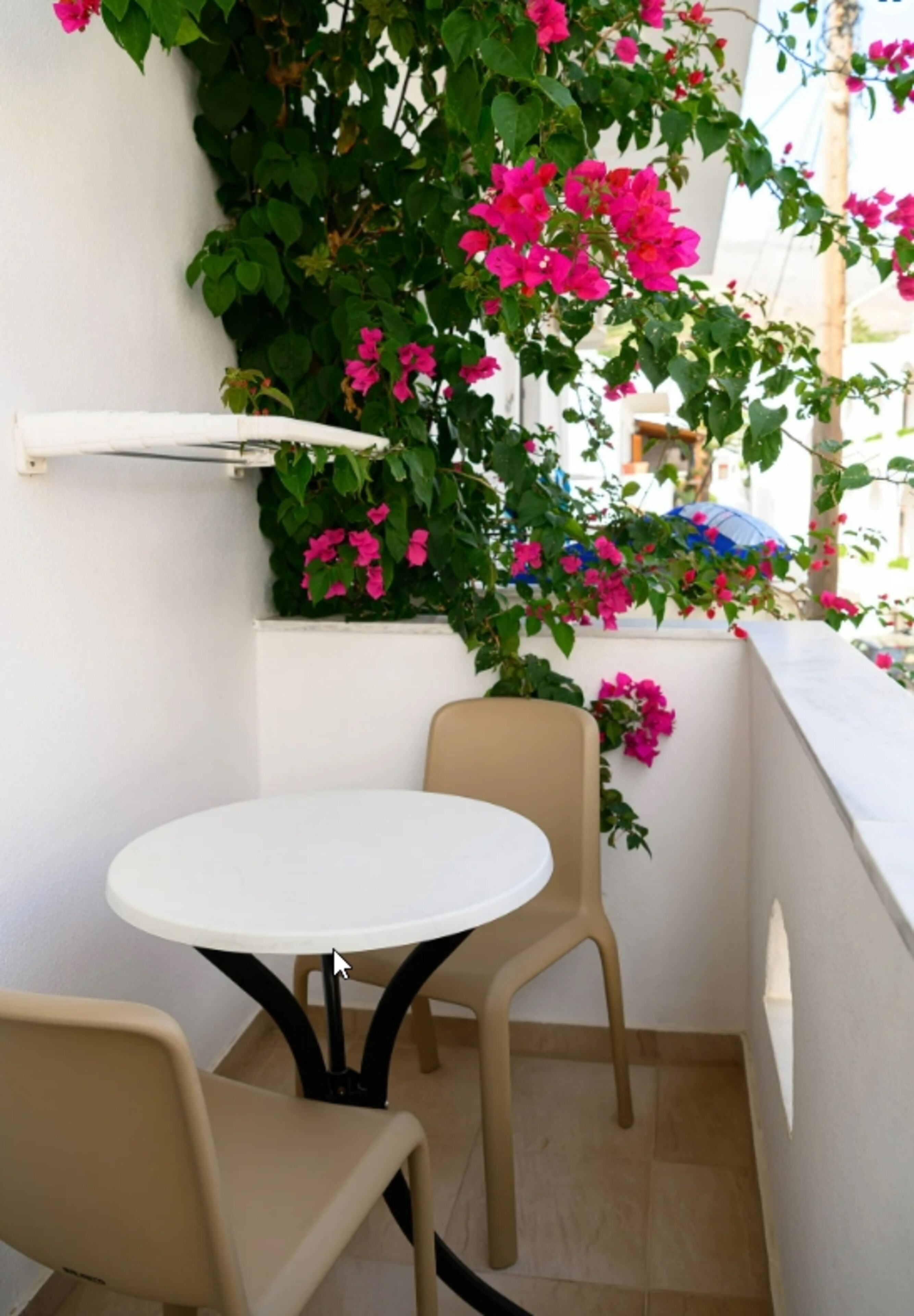 Uma pequena área de estar ao ar livre com uma mesa redonda e duas cadeiras, cercada por um muro branco e uma planta trepadeira com flores rosa.