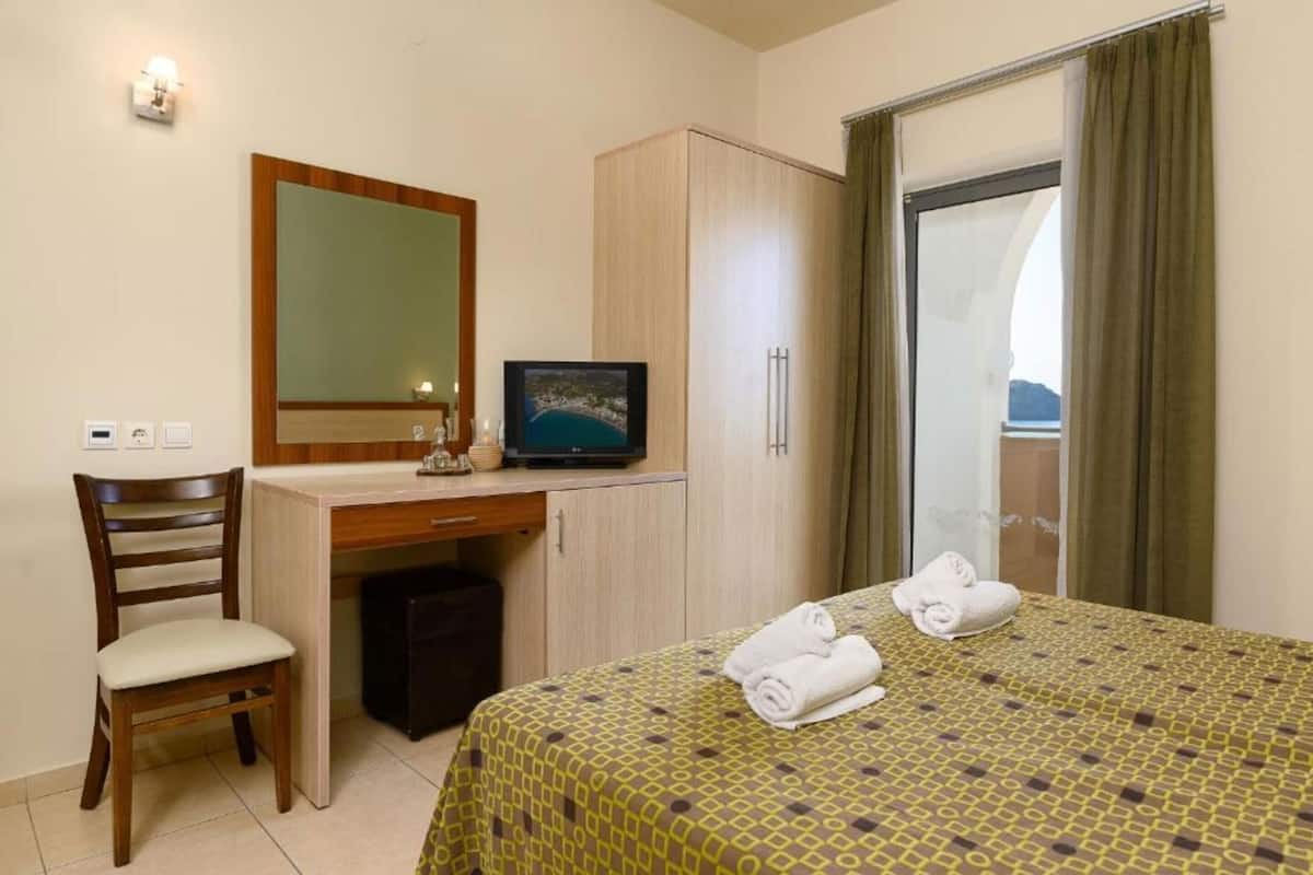 A hotel room with a bed, a desk, a chair, a television, and a view of the outdoors.