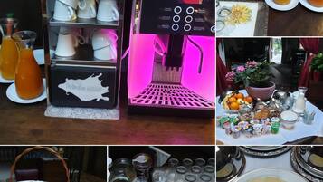 A coffee machine with multiple cup options, a selection of beverages, and a variety of food items on a table.