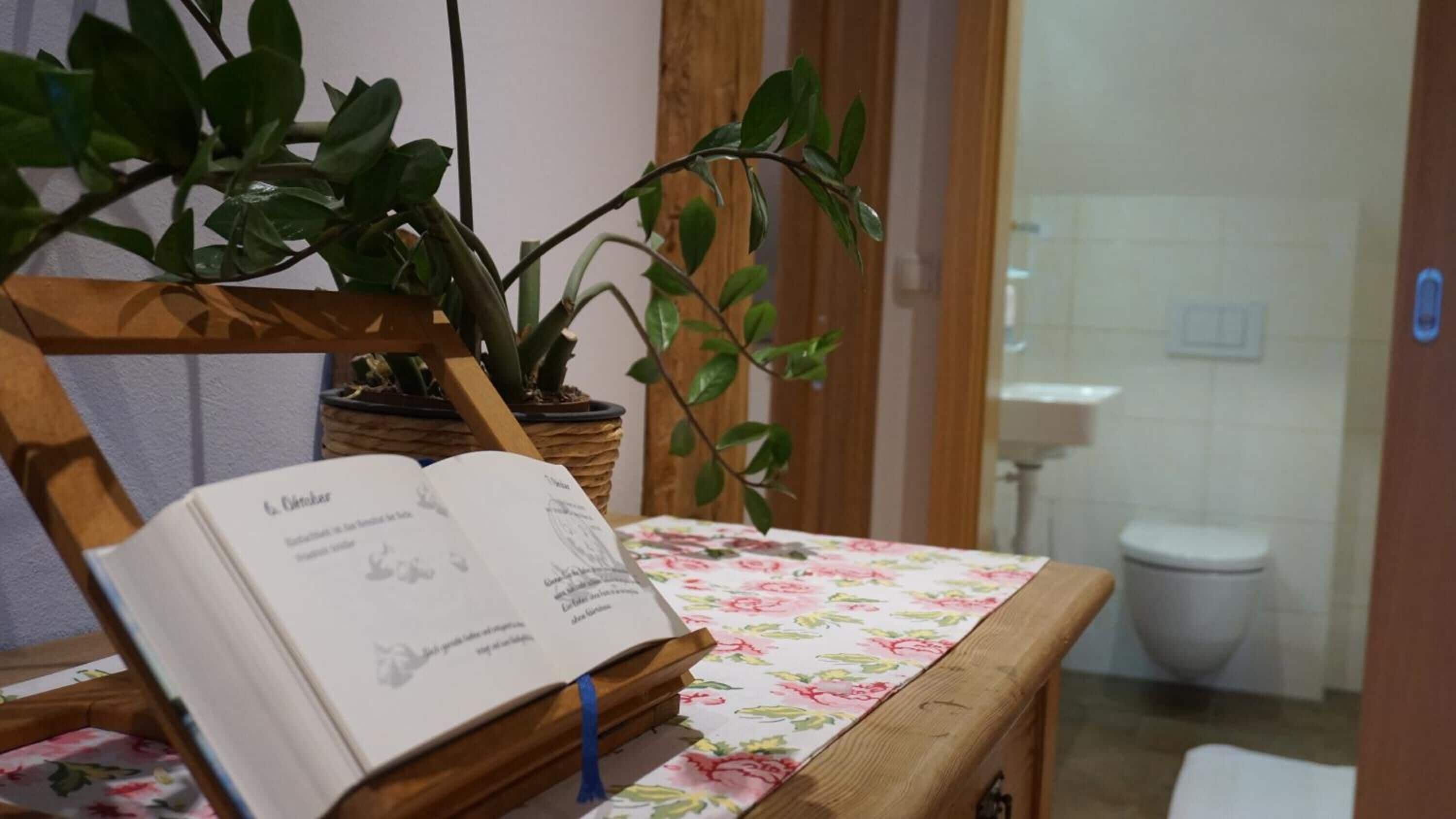 Une salle de bain avec une chaise en bois, une plante en pot et un livre posé sur une table.