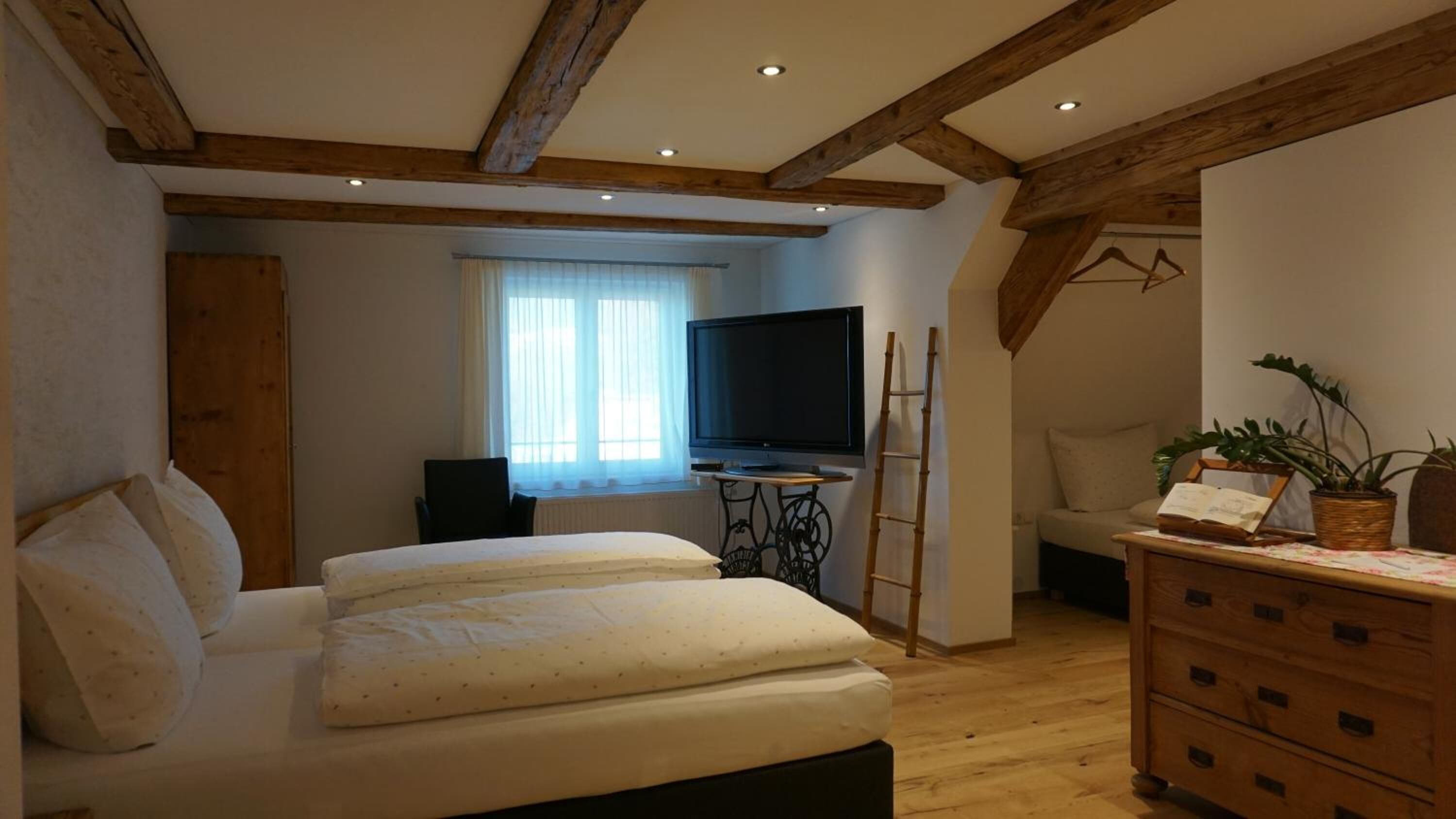 Un dormitorio acogedor con cama, televisión, ventana con cortinas, cómoda de madera y una planta.
