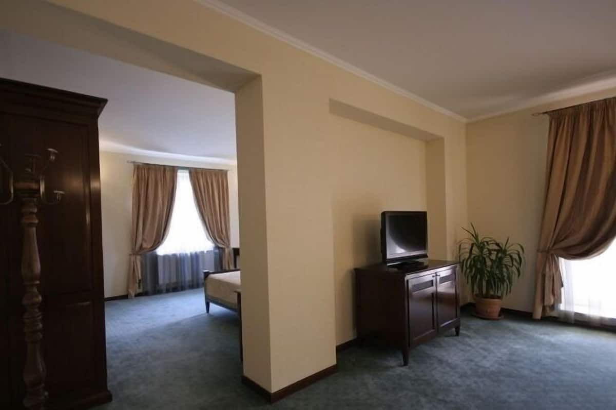 Een hotelkamer met een bed, een televisie, een bureau, een kamerplant en een grote houten garderobe.