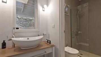 A modern bathroom with a large white sink, a glass shower enclosure, and a toilet.