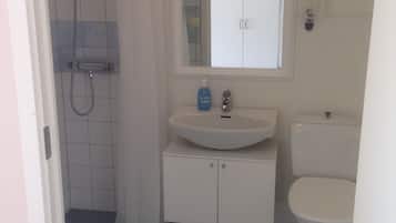 Een badkamer met een douche, wastafel en toilet.