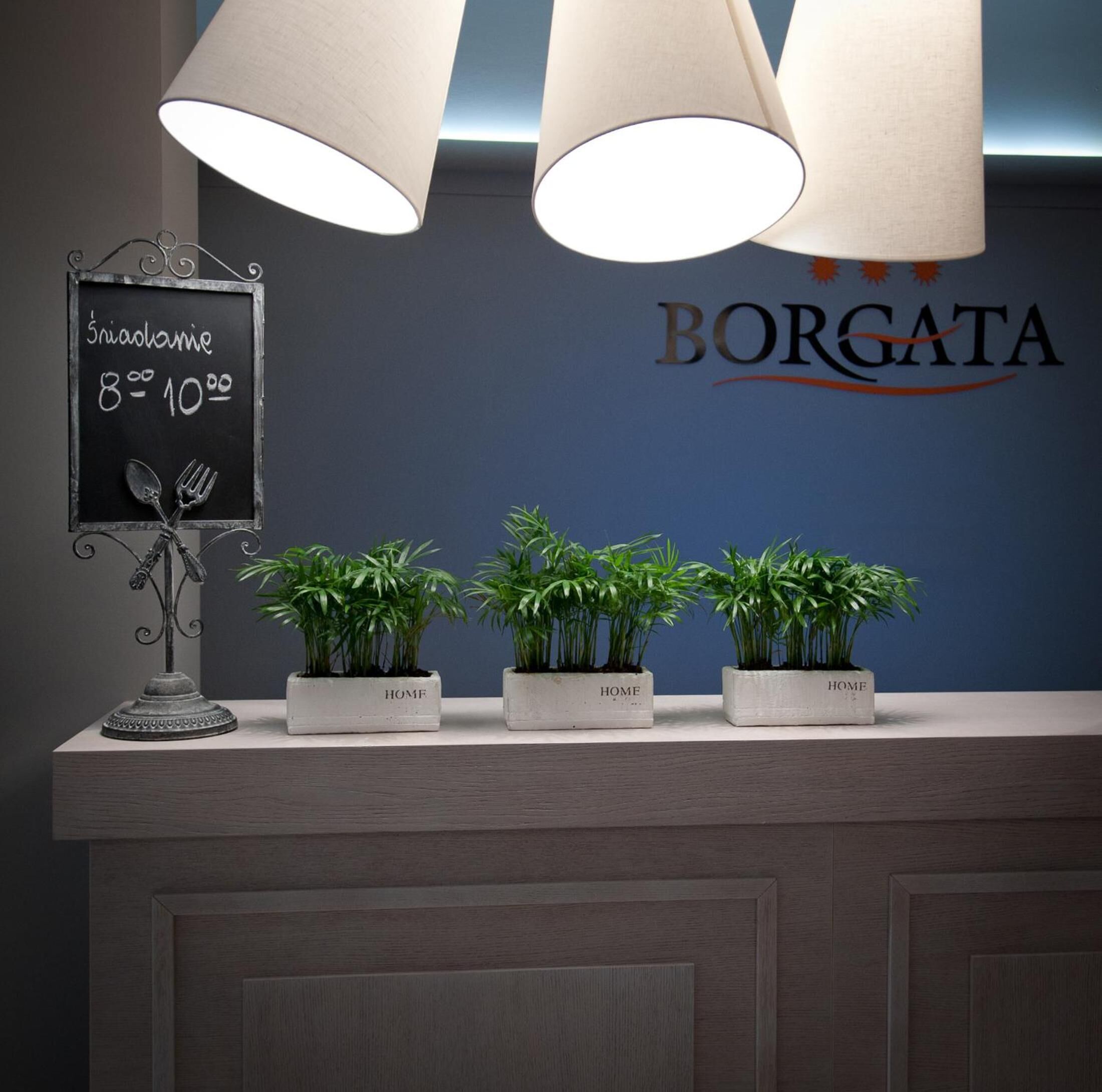 Un comptoir d’accueil avec un tableau noir servant de menu, trois plantes en pot et un mur sur lequel est inscrit le nom « BORGATA ».