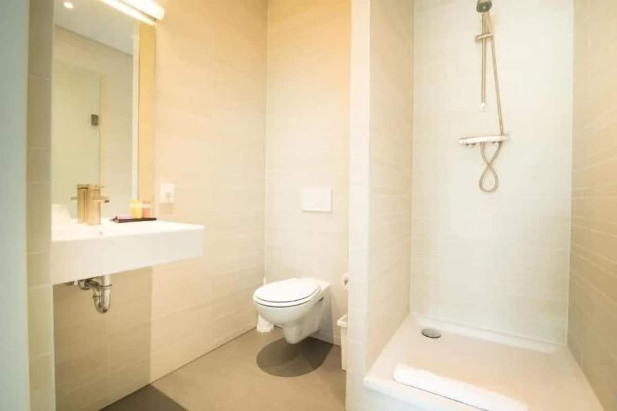 Shower, free toiletries, hair dryer, towels