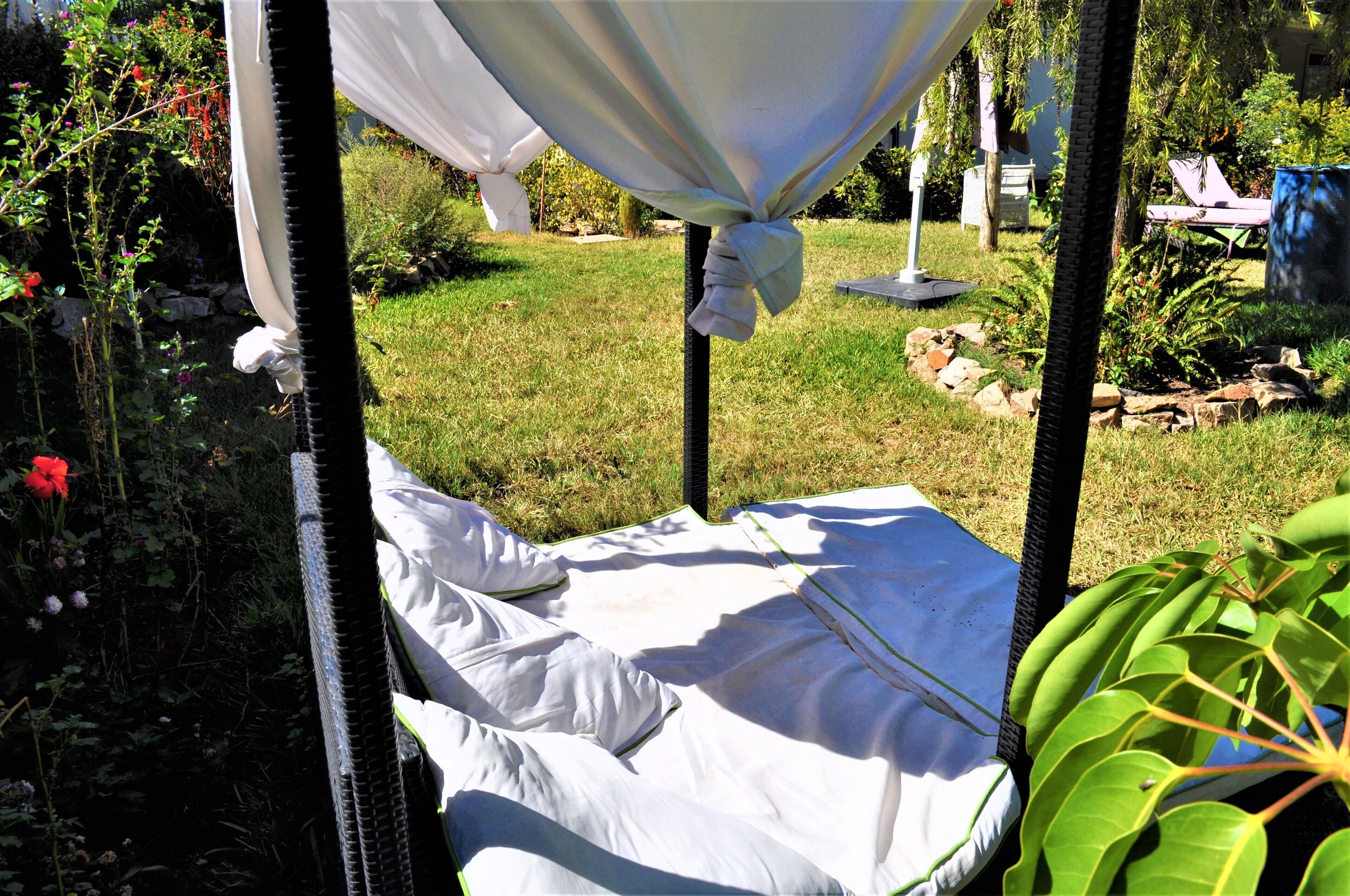 A garden bed with a white canopy tent.
