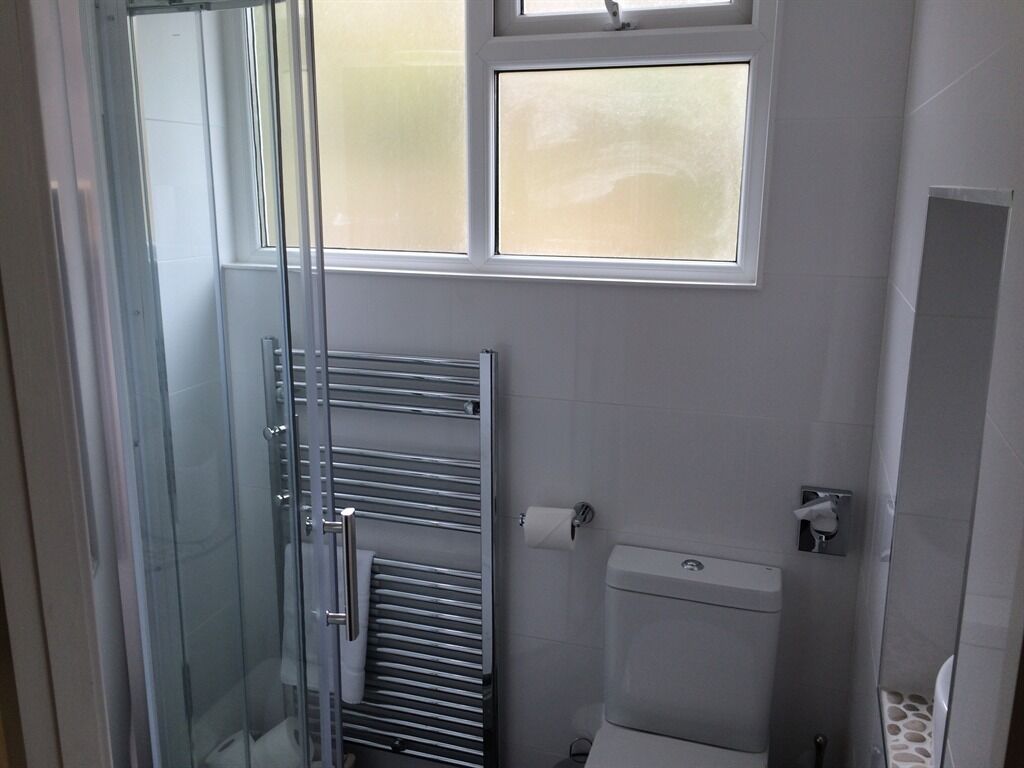 Een badkamer met een douchecabine van glas, een handdoekrek, een toilet en een raam.