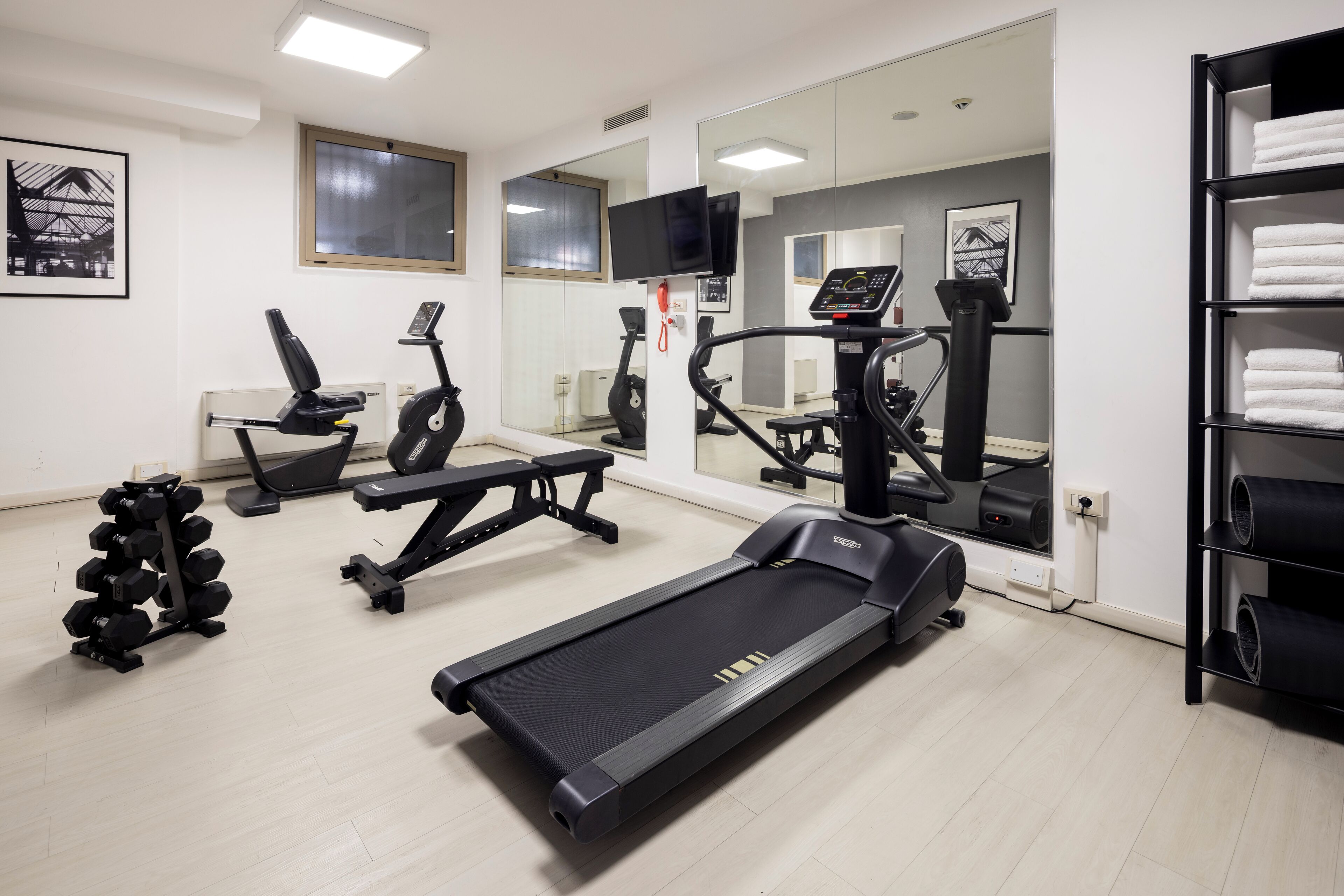 A gym with treadmills, elliptical machines, and dumbbells.