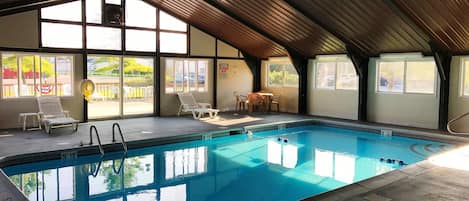 Indoor pool, open 2:00 PM to 9:30 PM, sun loungers