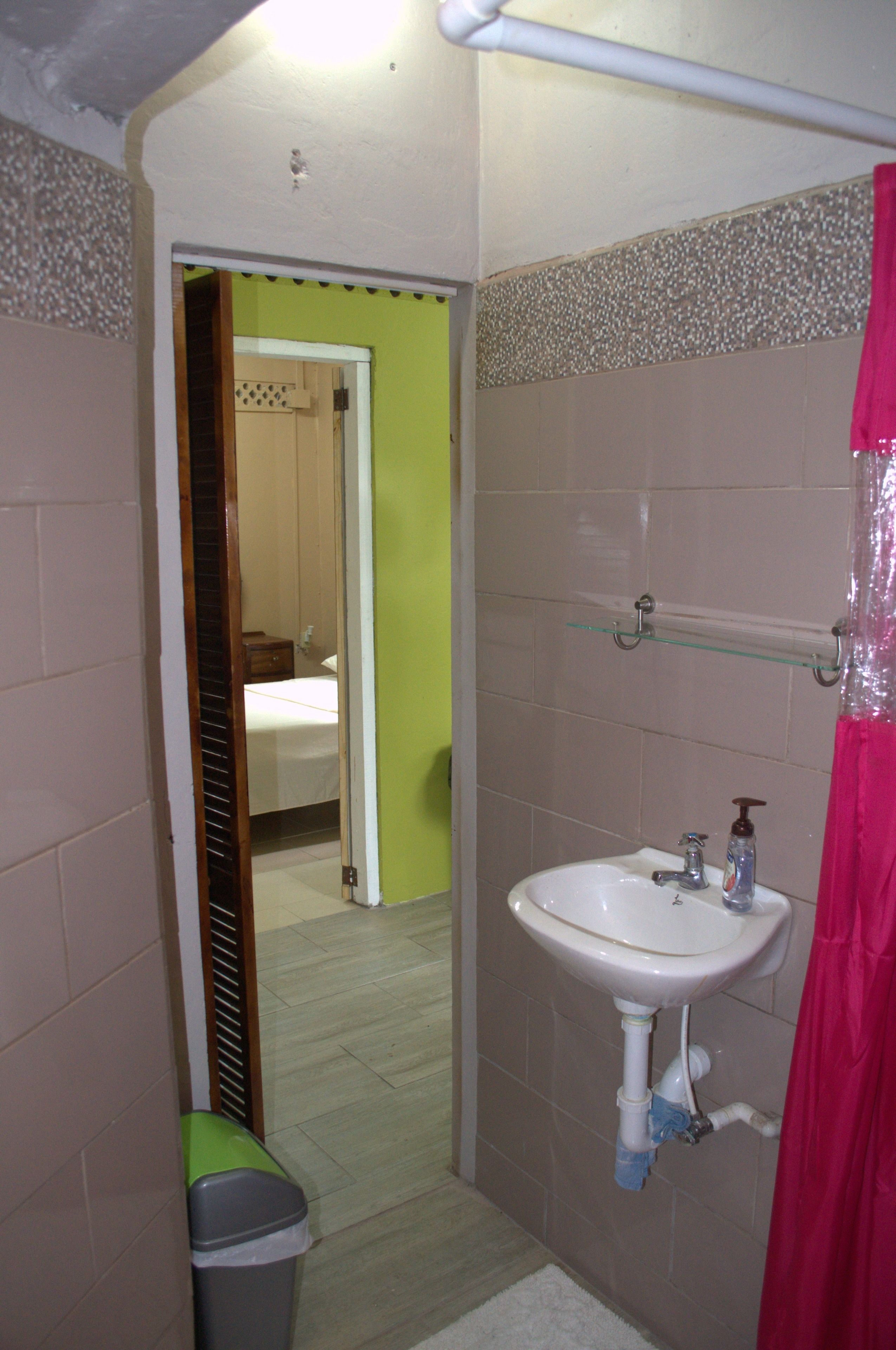 A bathroom with a sink, mirror, and a shower curtain.