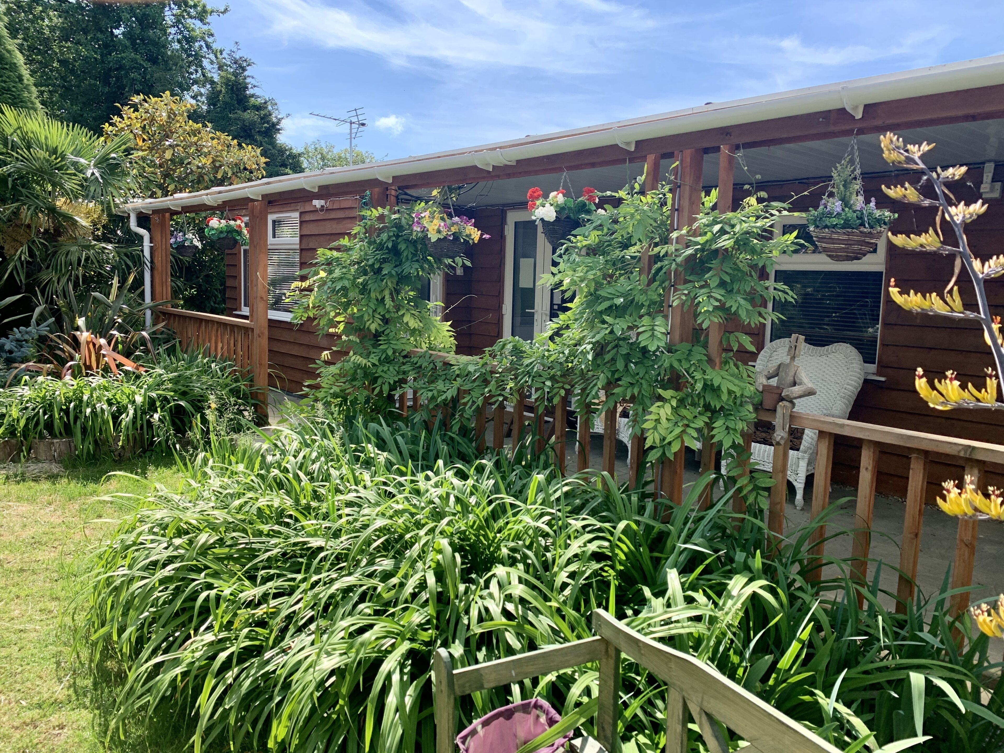 Une cabane en bois dotée d’un porche, entourée d’une végétation luxuriante et agrémentée de jardinières suspendues.