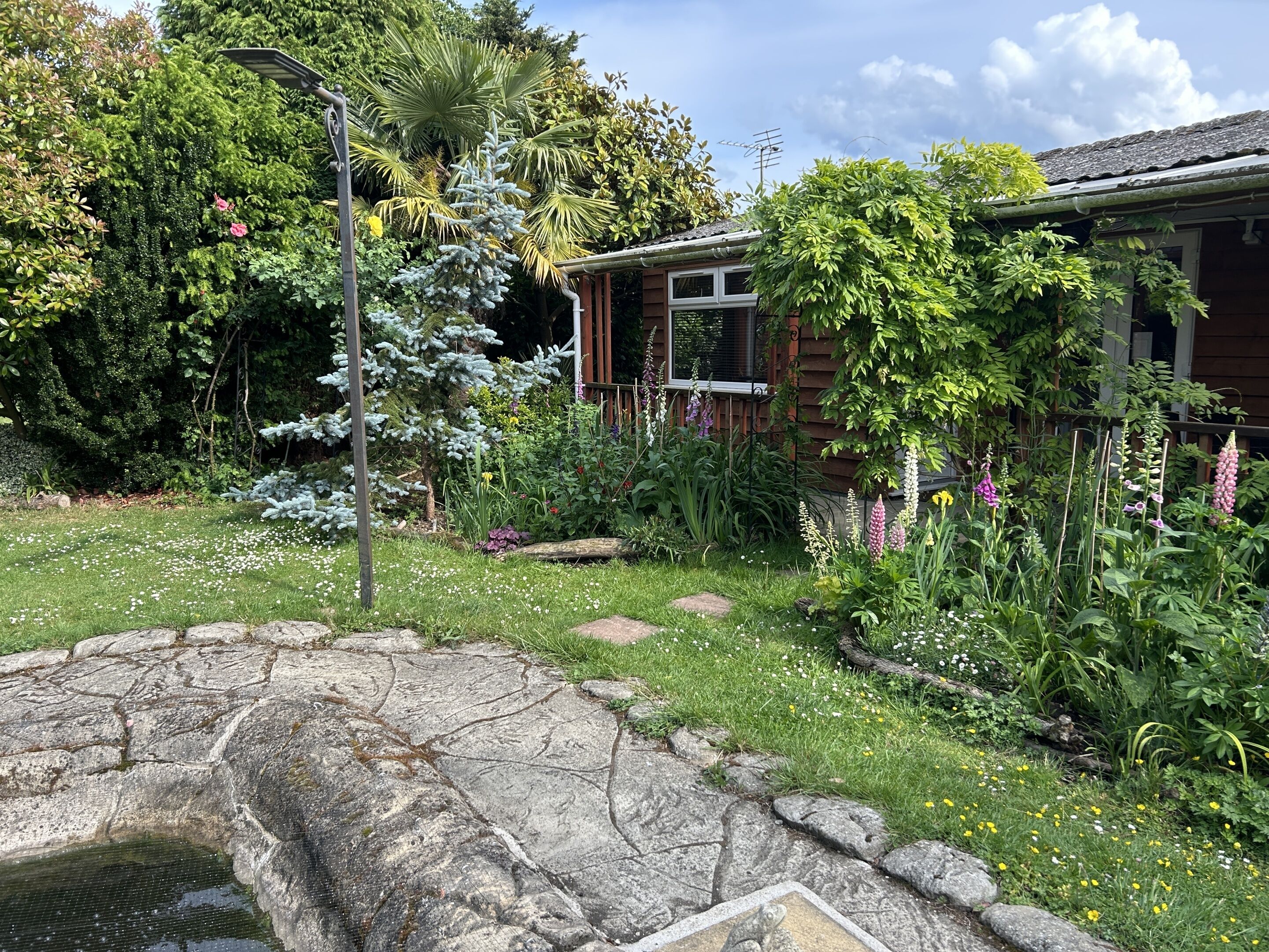 Ein Garten mit einem Steinfountain, üppigem Grün und einem Holzhaus.
