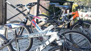 Een fiets met "SCOTT" branding en modelnaam "JOURNAL", geparkeerd op kinderafmetingen.'